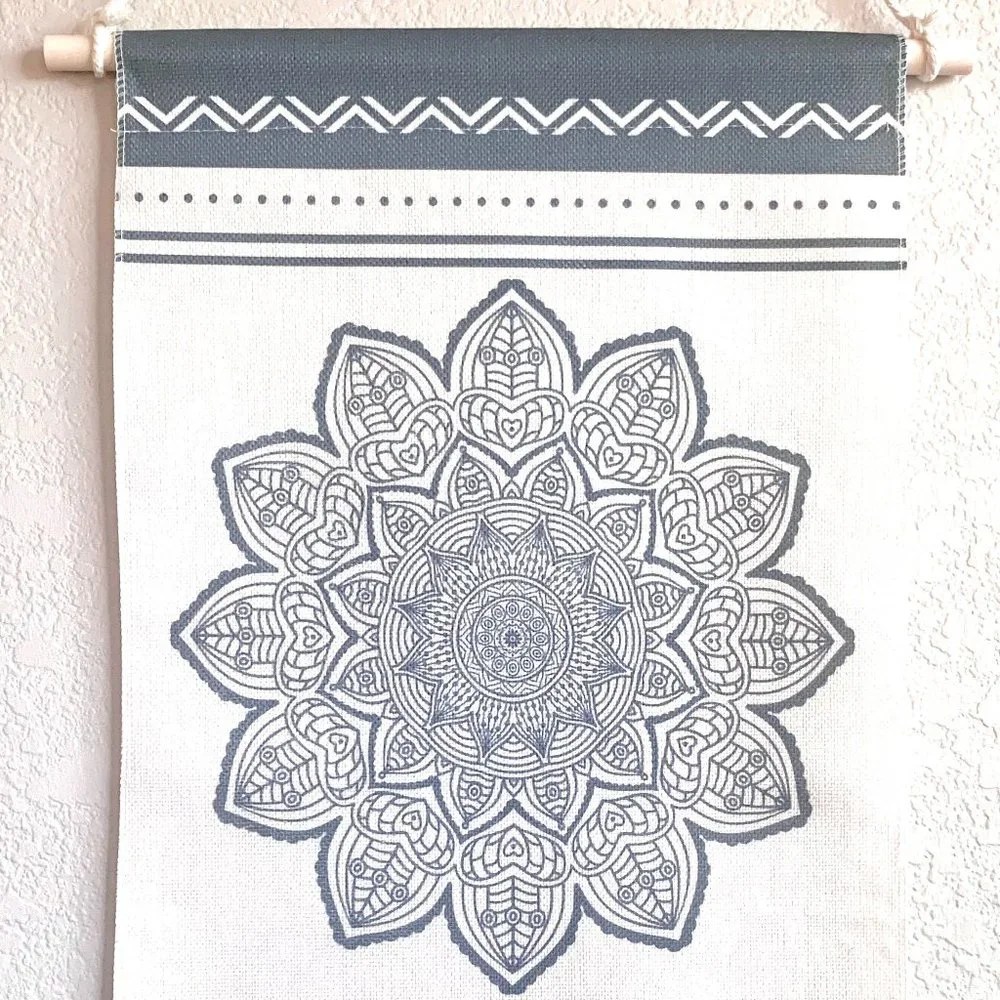 Set/2 Gray Beige Boho Mandala Aztec Ethnic Print Tapestry Wall Hangings w/ Hooks
